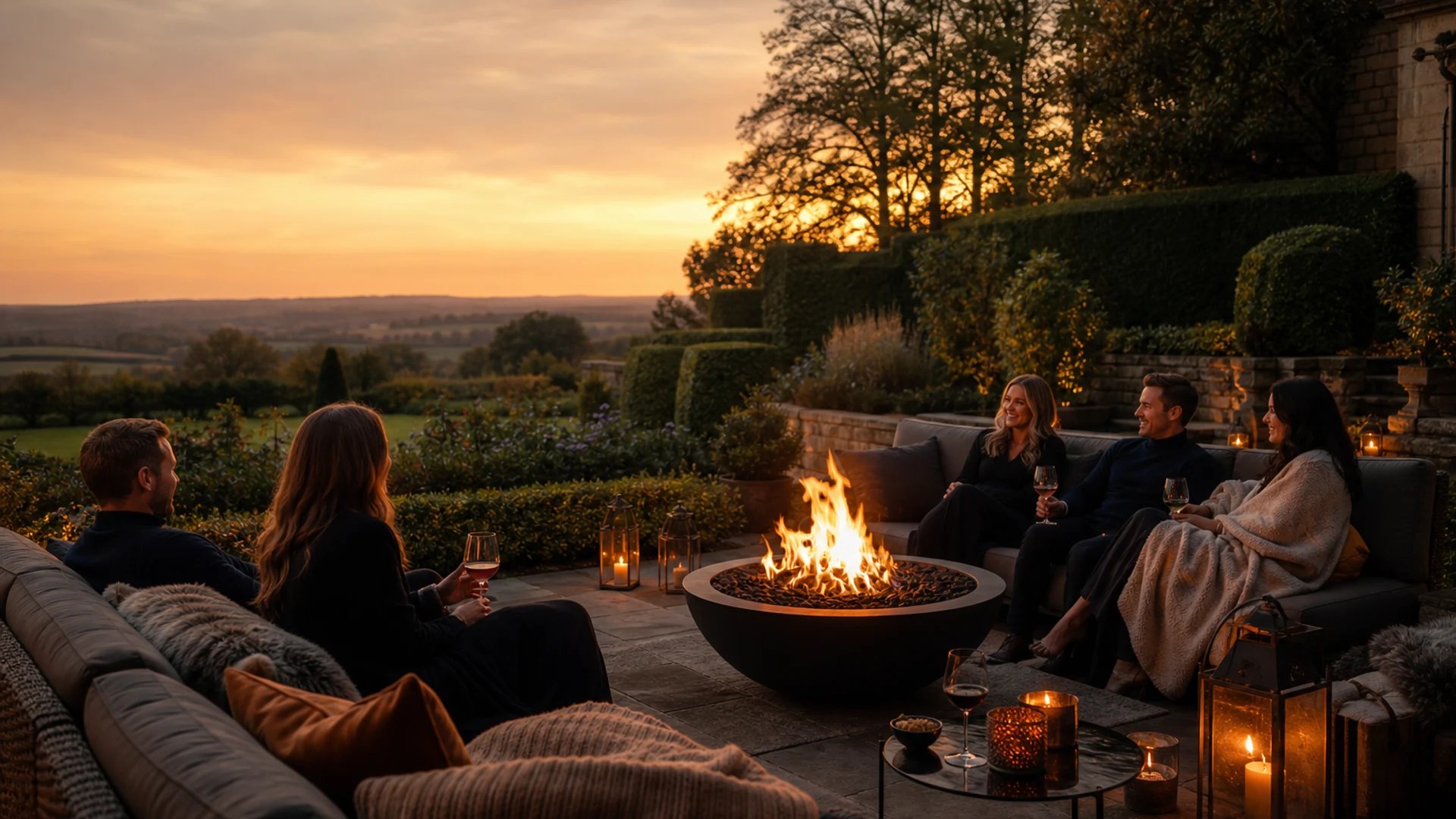 Friends around a modern fire pit in a British garden at sunset