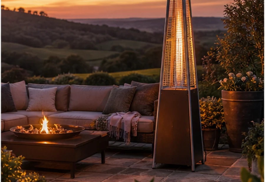 Outdoor heating accessories near a premium garden fire feature
