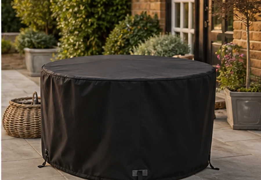 Protective cover for an outdoor fire pit on a British garden patio