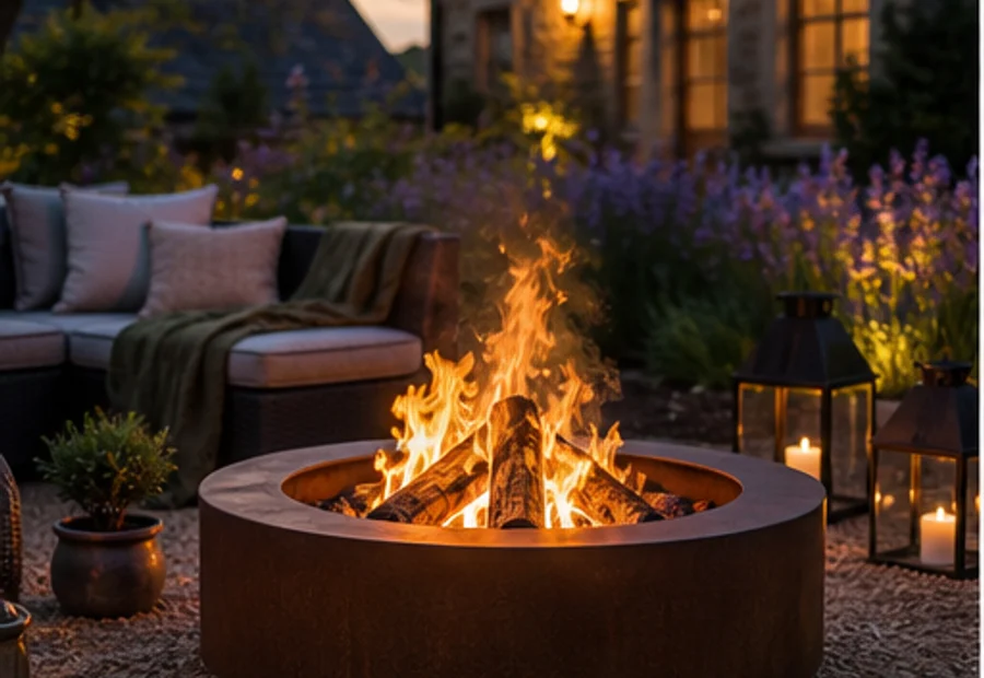 Wood-burning fire pit glowing on a premium British patio at dusk